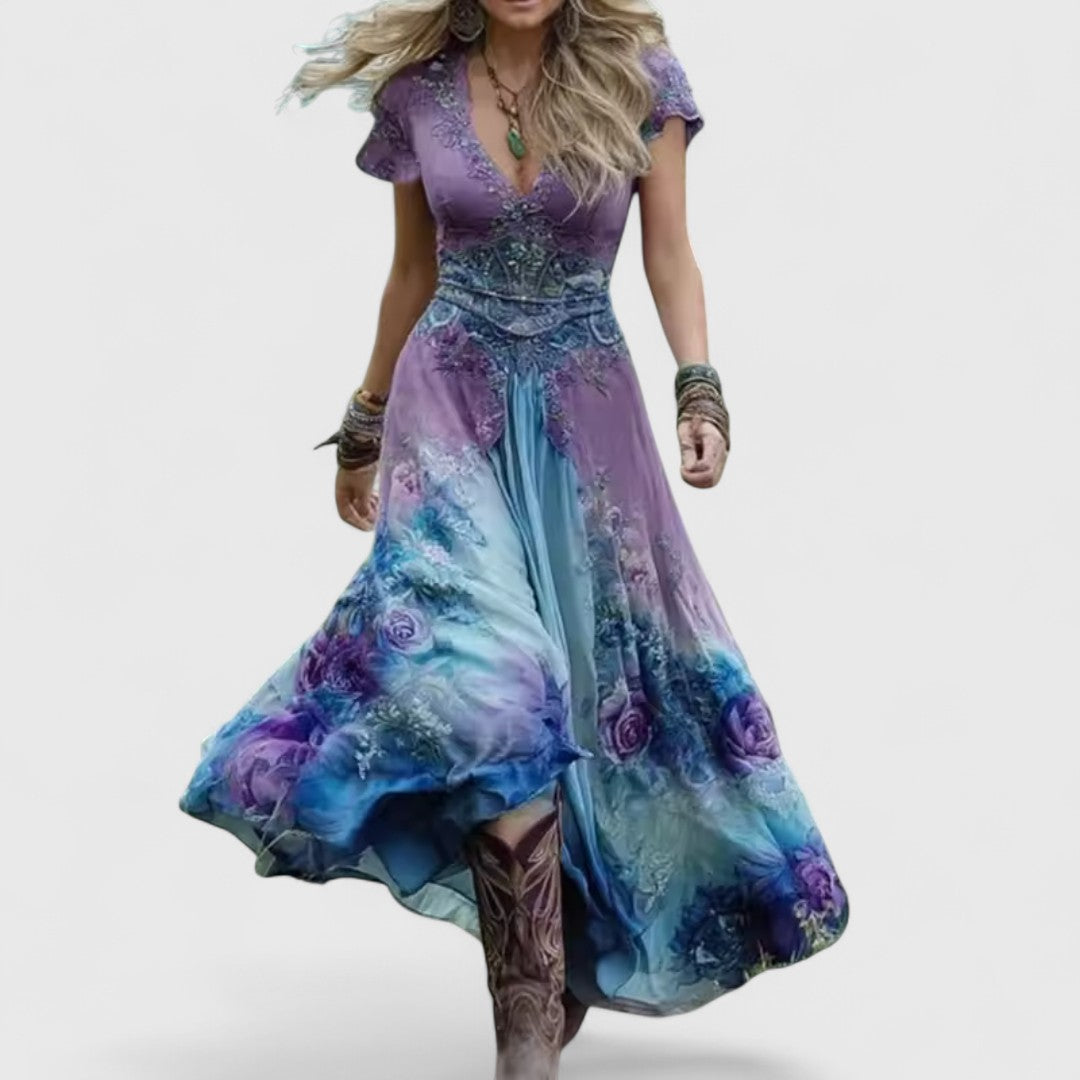 Лаодикия - Елегантна и свободна есенна рокля с цветни мотиви