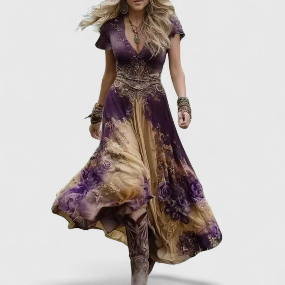 Лаодикия - Елегантна и свободна есенна рокля с цветни мотиви