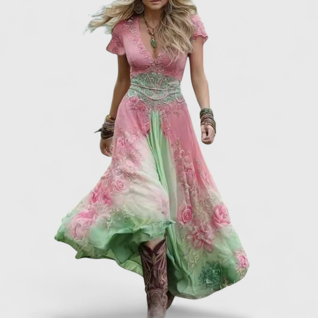 Лаодикия - Елегантна и свободна есенна рокля с цветни мотиви