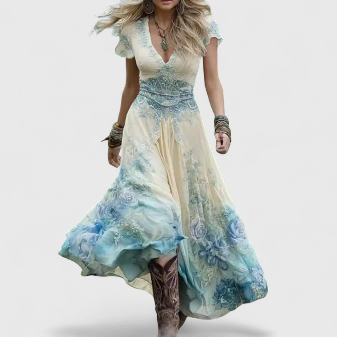 Лаодикия - Елегантна и свободна есенна рокля с цветни мотиви